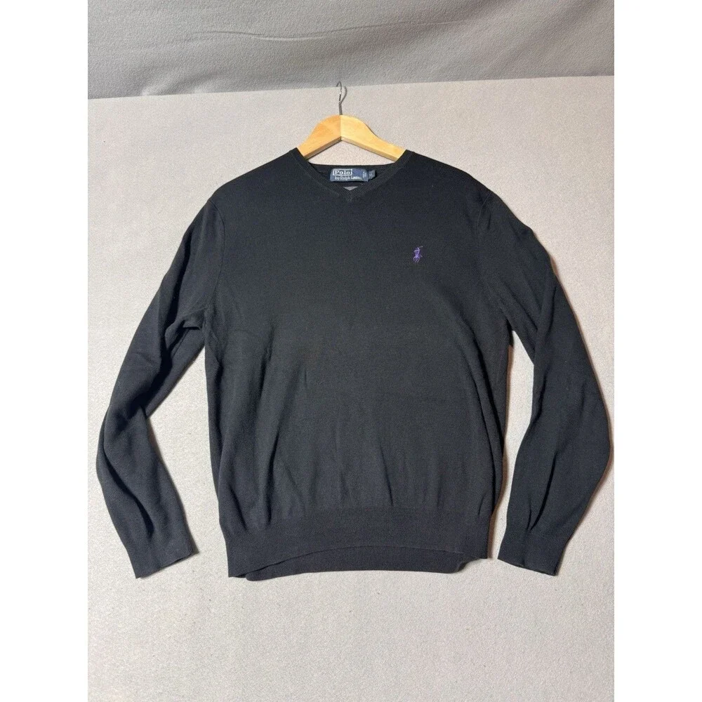 Polo Ralph Lauren Sweater V Neck Pima Cotton Mens L Black Purple Pony Logo
